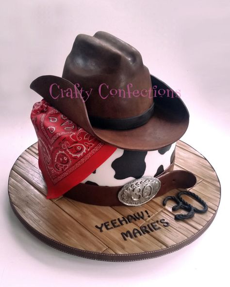 I really enjoyed making this cake, all the decorations are made from modelling chocolate, including the bandana, which is hand-painted. Its a 10" cake on the bottom, and the hat is carved from a 6" cake Cowboy Hat Cake, Western Theme Cakes, Western Birthday Cakes, Cowboy Birthday Cakes, Cowboy Cake, Cowgirl Cakes, Cowboy Cakes, 30th Birthday Cake, Cowboy Birthday Party