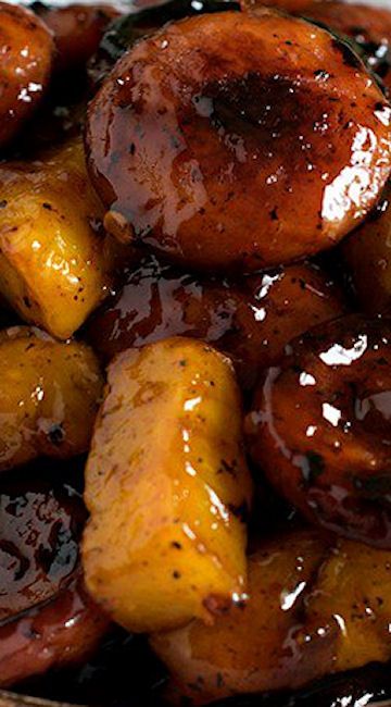 Kielbasa and Pineapple Spiced “Candy” are grilled until caramelized, then topped with a sweet and spicy sauce that has a perfect kick of heat at the end. Kielbasa And Pineapple, Kielbasa Appetizer, Polish Sausage Recipes, Kabasa Recipes, Kielbasa Recipes, Sausage Dishes, Sweet And Spicy Sauce, Pineapple Recipes, Family Feast