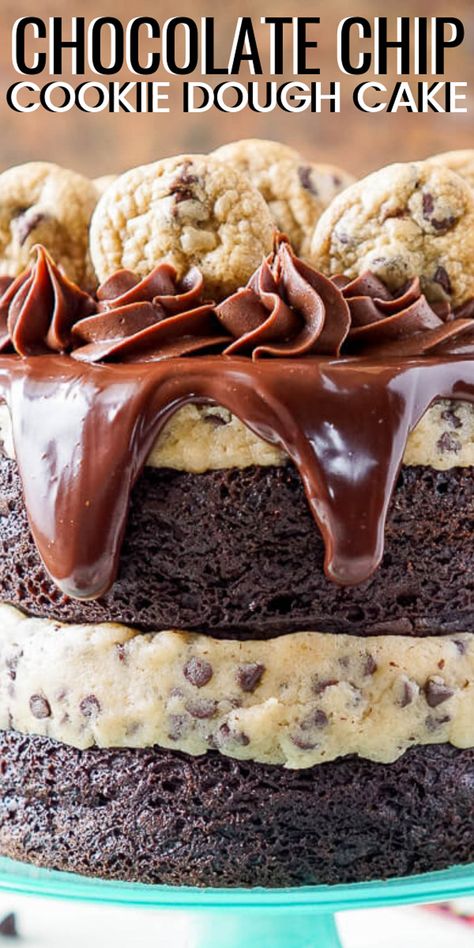 This Chocolate Chip Cookie Dough Cake is made with two layers of delicious chocolate cake, and two layers of edible cookie dough then topped with ganache, frosting, and mini chocolate chip cookies! Chocolate Chip Brownie Cake, Chocolate Chip Cookie Dough Cake Recipe, Chocolate Chip Cookie Dough Cake, Cookie Dough Cake, Delicious Chocolate Cake, Mini Chocolate Chip Cookies, Ganache Frosting, Chocolate Chip Cookie Cake, Edible Cookies