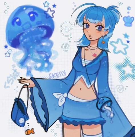 Jellyfish girl !🌀🪼 I love the color blue and jellyfish! I had so much fun. What should be the theme of the next character I draw? #jellyfish #y2k #oceanart #characterdesign #pinterestart #aesthetic #digitalart Jellyfish Outfit Drawing, Jellyfish Y2k, Jellyfish Character Design, Blue Character Design, Jellyfish Outfit, Jellyfish Oc, Drawing Tut, Ocean Stuff, Ocean Outfits