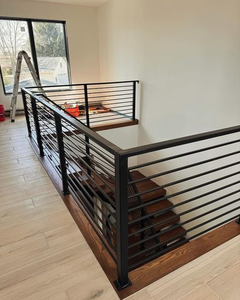 Clean modern horizontal railings to compliment their new stairs case and also a new horizontal railing on an existing set to bring them… | Instagram Railings For Stairs Horizontal, Modern Railing Indoor, Horizontal Railing, Indoor Railing, Modern Railing, Railing Designs, Spiral Stair, Wood Balusters, Bar Space