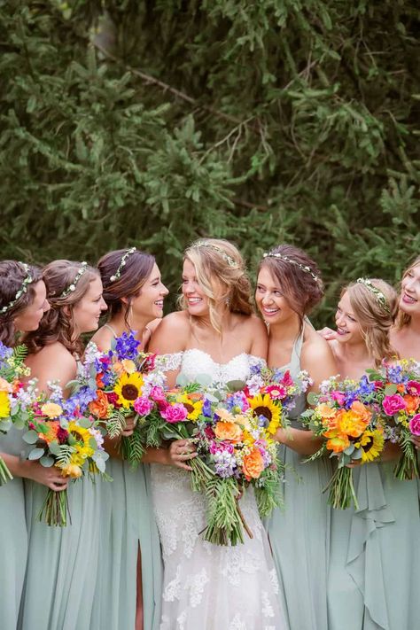 Bright Flower Bouquet Wedding, Bright Wild Flowers Wedding, Wedding Flowers Multicolor, Wild Flower Wedding Theme Bridesmaid Dresses, Summer Wedding Bouquet Ideas, Sweetheart Table Wedding Wildflower, August Wildflower Wedding, Bright Wedding Flowers Bridesmaid, Summer Wildflower Wedding Color Scheme