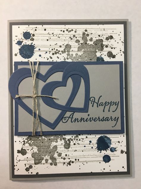 Handmade Hearts Happy Anniversary Blue/Gray Card. Happy Anniversary Homemade Cards, Anniversary Card Homemade, Masculine Anniversary Cards Handmade, Anniversary Cards Stampin Up Simple, Anniversary Cards To Make, 50th Wedding Anniversary Cards Handmade, Su Anniversary Cards, Valentines Homemade Cards, Wedding Card Ideas Handmade