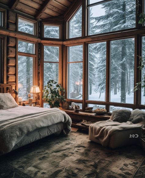 Cabin Rooms Bedrooms, Mountain Aesthetic Bedroom, Big Cabin Houses, Cabin Mansion Interior, Fancy Log Cabin, Luxury Cabin Homes, Winter Home Aesthetic, Winter Cabin Interior, Mountain House Bedroom