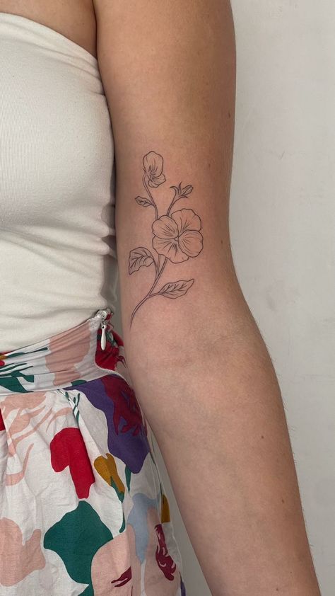 Violet Flower Tattoo Forearm, Violet Tattoo Flower Simple, Violet Arm Tattoo, Pretty First Tattoos, Flower Tattoo Spots, Pansies Flower Tattoo, Feminine Simple Tattoos, Violets Tattoo Flower, Women Floral Tattoos