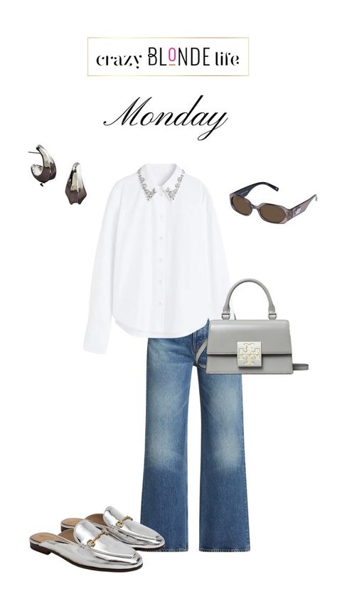 Add some sparkle to your white blouse with an embellished collar. Paired with jeans, silver mules and a silver bag, this look will take you into the holiday season! Fashion over 50, style over 50, fall fashion, holiday style, metallic trend Silver Mules Outfit, Silver Bag Outfit, Mule Sandals Outfit, Mule Outfits Women, Mule Outfits, Mules Outfit, White Collared Shirt, Sandals Outfit, Spring Fits