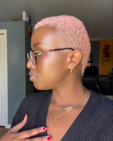 Pink Short Hair On Black Women, Coloured Short Hair For Black Women, Bald Dyed Hair Black Women, Rose Pink Short Hair, Dye Short Hair Black Women, Dyed Short Hair Ideas Black Women, Short Hair Dye Ideas Black Women, Pink Dyed Hair Black Women, Purple Short Hair Black Women