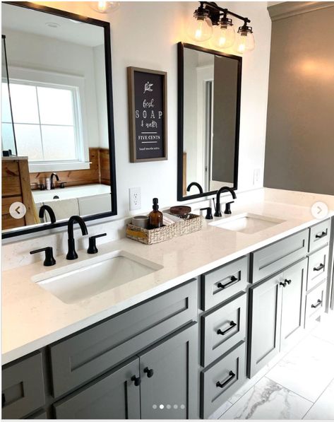 2 Story Kitchen, Farmhouse Shower Ideas, Dark Gray Cabinets, Rustic Bathroom Makeover, Black Shower Fixtures, White Cabinets Black Countertops, Granite Bathroom Countertops, Grey Bathroom Cabinets, White Cabinets White Countertops