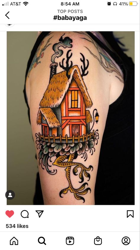 Old School Witchy Tattoos, House With Legs Tattoo, Baba Yaga House Tattoo, Baba Yaga Tattoo, Neo Traditional Sleeve, Kingpin Tattoo, Alchemical Art, Baba Yaga House, House Tattoo