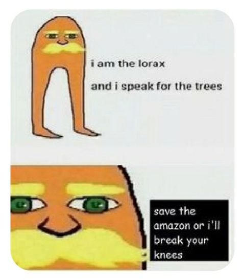 i am the lorax and I speak for the trees save the amazon or I'll break your knees #meme #lorax #savetheamazon I Speak For The Trees, Gif Terror, The Lorax, What’s Going On, Really Funny Memes, The Amazon, Funny Posts, Dankest Memes, Funny Images