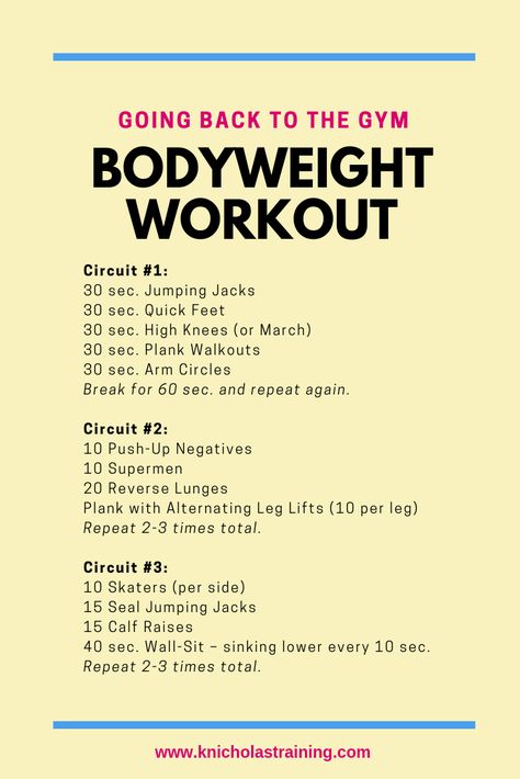 Heading Back to the Gym: Bodyweight Workout — Karen Nicholas Training Morning Bodyweight Workout, Camping Workouts, Partner Workouts, Ladder Workout, Healthy Thoughts, Calf Exercises, Back To The Gym, Fitness Routines, Tabata Workouts