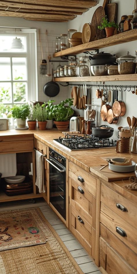 Herbs Growing, Wooden Benches, Farmhouse Vibes, Desain Pantry, Rustic Kitchen Design, Cabin Kitchens, Kitchen Farmhouse, Cozy Kitchen, Cottage Kitchen