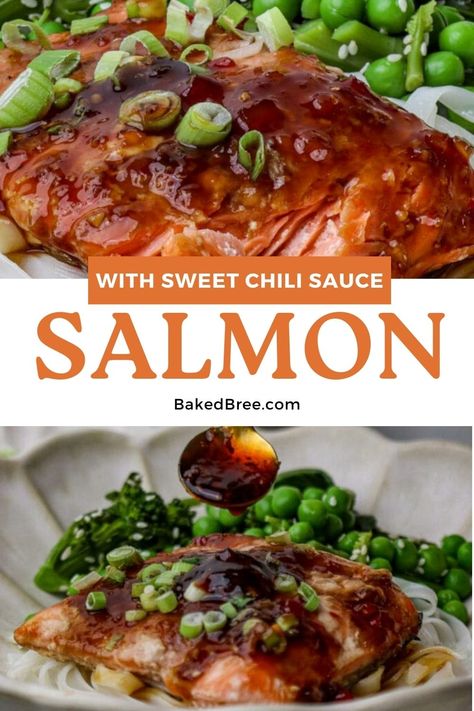 Create a delicious dinner with our simple homemade sweet chili salmon recipe! Made with just a few ingredients like Thai sweet chili sauce, soy sauce, and fresh ginger, this dish is bursting with flavor. Chili Salmon Recipe, Sweet Chili Salmon, Asian Chili, Chili Salmon, Baked Bree Recipe, Asian Chili Sauce, Lemon Orzo Salad, Salmon Baked, Thai Chili Sauce