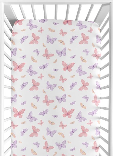 PRICES MAY VARY. Includes: (1) Fitted Crib Sheet: 52in. x 28in. x 8in. Easy machine washable, tumble dry low. This brushed microfiber crib sheet features an exclusive design of a blush pink, purple lavender and yellow shabby chic colorful pastel lilac watercolor butterfly pattern. Add a baby cribsheet to your list of must haves for your little one! This soft crib sheet is stretchy and comfortable to give your infant or toddler the perfect setting for a good night’s rest. It’s thoughtfully design Butterfly Baby Room, Girly Nursery, Purple Nursery, Butterfly Nursery, Baby Sheets, Newborn Nursery, Sweet Jojo Designs, Jojo Designs, Toddler Bedrooms