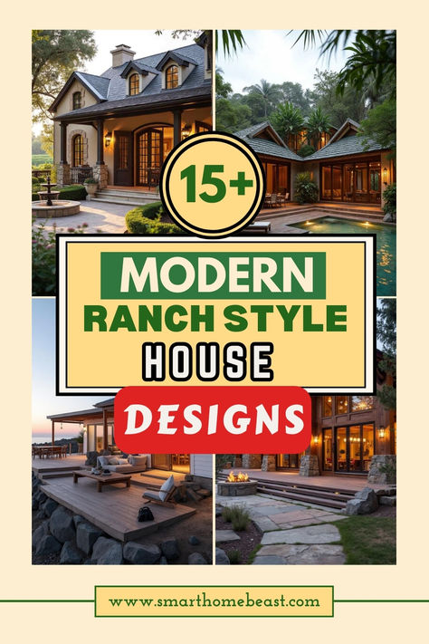 An image showcasing a variety of modern ranch-style home designs, including exterior shots with features like stone accents, wood siding, and large windows, as well as interior spaces with open floor plans, cozy fireplaces, and sleek, contemporary furnishings. Rustic Modern Ranch House Exterior, Exterior Remodel Ranch Style Home, Modern Ranch Home Exterior, Modern Rustic Ranch House, Ranch Home Additions, Ranch House Exteriors, Ranch Blueprints, Rambler House Exterior, Modern Rustic House Exterior