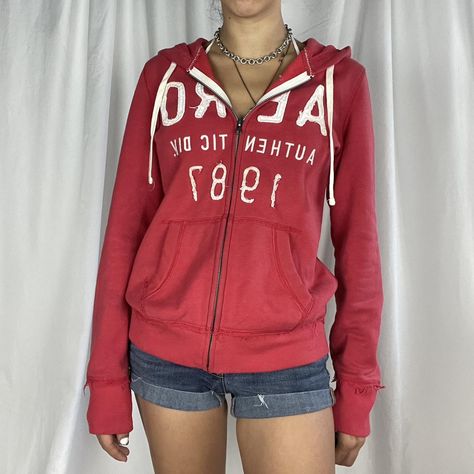 Y2K Aeropostale pink/red zip up hoodie with white... - Depop Small Zip Up Hoodie Outfit, Red Zipper Hoodie Outfit, Red Zip Up, Red Zip Up Hoodie Outfit, Red Zip Up Hoodie, Y2k Aeropostale, 2000s Clothes, Y2k Outfits, Hoodie Outfit