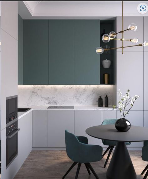 Petrol Kitchen, Green And Grey Kitchen, Gray Green Kitchen, Kitchen Design Minimal, Kitchen Trends 2023, Kitchen Cabinets Colors, Kitchen Color Trends, Kitchen Wardrobe Design, Cabinets Colors