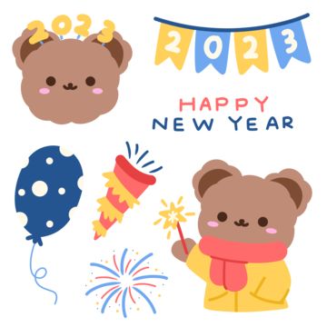 New Years Cartoon, Happy New Year Cute Cartoon, New Years Stickers, Happy New Year Cartoon, Happy New Year Drawing, Goodnotes Free, Illustration Korean, New Year Elements, Bear Korean