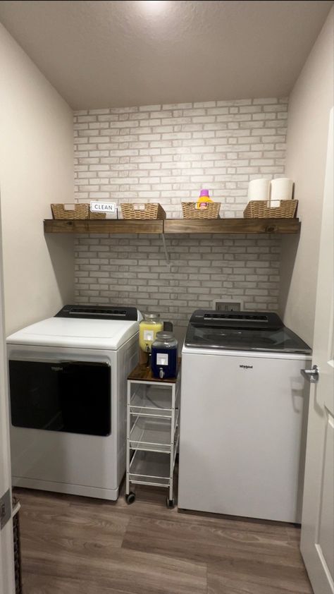 Renter Friendly Laundry Room, Laundry Room Update, Room Update, Small Apartment Living, Brick Wallpaper, Laundry Room Makeover, First Apartment, Laundry Room Organization, Cozy Apartment