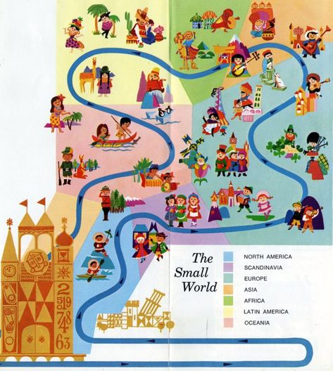 It's a Small World after all: About Disneyland's hugely-popular attraction for little Mouseketeers (1960s) - #disneyland #vintagedisney #disney #vintagedisneyland #smallworld #itsasmallworld #disneyrides #60sdisney #amusementparks #themeparks #clickamericana It’s A Small World Party Theme, Disney Pottery, Blair Illustration, Disney Its A Small World, Small World Disneyland, It’s A Small World Disney, Joey Chou, Disneyland Scrapbook, Disney Office