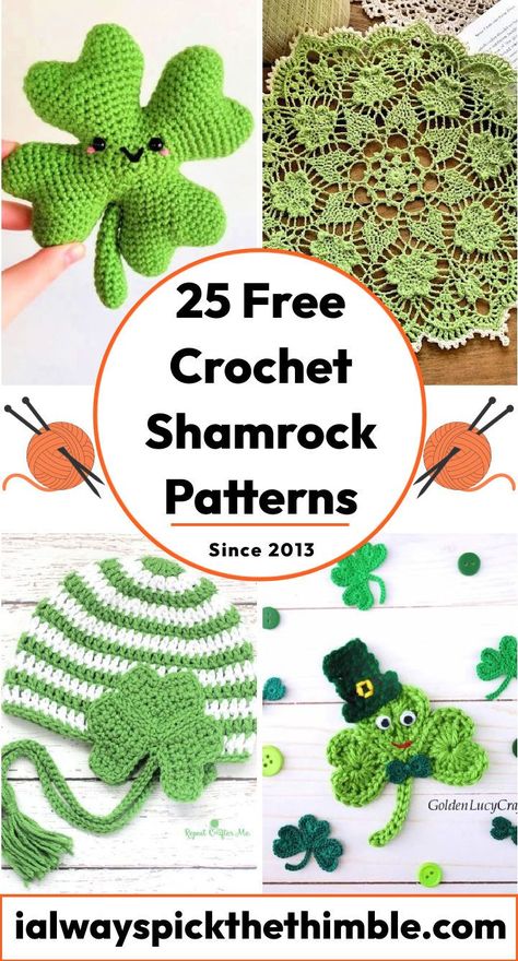 25 Free Crochet Shamrock Patterns (Printable Pattern) Free St Patrick’s Day Crochet Patterns, St Pattys Day Crochet Free Pattern, Saint Patricks Day Crochet Patterns, St Patricks Day Amigurumi Free Pattern, Crochet Shamrocks Free Patterns, Shamrock Crochet Pattern, St Patrick Crochet Patterns Free, March Crochet Projects, St Patrick's Day Crochet Patterns Free