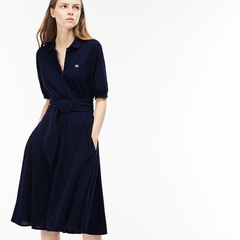 Women's Belted Buttoned Soft Petit Piqué Polo Dress | LACOSTE Polo Dress Outfit, Polo Outfits For Women, Black Dress Outfit Casual, Chic Fall Fashion, Polo Shirt Dress, Lacoste Women, Black Dress Outfits, Tennis Dress, Dress Outfit