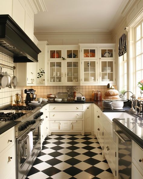 Black and white checked tiled flooring in the kitchen, yes or no? We had this type of flooring in our kitchen back in the 90s, it’s definitely a timeless design. Every time I post anything with checked tiles in the room, it gets a huge response! However, I’m still not sure whether I like it in the kitchen or not. I love it in a hallway, and a bathroom but I guess it depends on what size the kitchen is? I think if you have a large kitchen, it can be a bit much. But in small spaces like these... Arched Kitchen, Checkered Floor Kitchen, Classic Kitchen Style, Tiled Flooring, Type Of Flooring, White Kitchen Tiles, Boho Interior Design, White Tile Floor, Sandberg Wallpaper