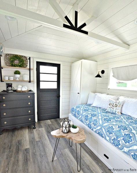 Decorating your master and guest bedroom can be a challenge. To help you gather some fresh ideas for your next bedroom makeover, here are 17 different bedroom blog posts featuring bedroom decorating ideas. Thank you to all the bloggers who linked up their bedroom reveals and makeovers. Be sure to click on the blue/gray links to be … Shed Bedroom Ideas, Rustic She Shed, Granny Pods, Modern Farmhouse Cottage, Shed Interior, Gardening Design, Shed Homes, Simple Furniture, Building A Shed