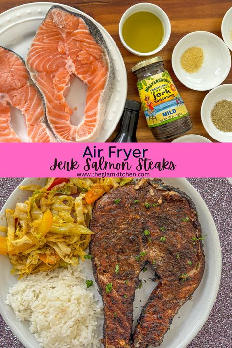 Air Fryer Jerk Salmon Steaks recipe - The Glam Kitchen Jerk Salmon Recipe, Shrimp Rasta Pasta Recipe, Salmon Steak Recipes, Fried Catfish Recipes, Jerk Salmon, Salmon Steaks, Salmon Filets, Air Fryer Salmon, Catfish Recipes