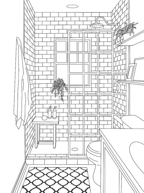 Bathroom Perspective Drawing, Bathroom Perspective, Furniture Sketching, Interior Design Basics, Beautiful Tree Houses, Furniture Sketch, Interior Design Plan, House Colouring Pages, Coloring Pages Inspirational