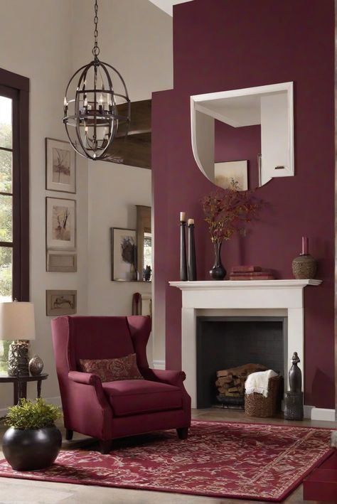 home decor interior design, interior design space planning, living room interior, designer wall paint, primer paint for walls, paint color match, home paint colors Burgundy Feature Wall Living Room, Burgundy Paint Colors Wall, Burgundy Walls Living Room, Burgundy Interior Design, Burgundy Living Room Decor, Burgundy Accent Wall, Burgundy Living Room, Burgundy Interior, Burgundy Walls