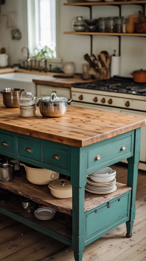 Antique teal kitchen island with oak top, live-edge base, and drawers, set in an earthy-toned kitchen with vintage decor. Kitchen Island From Repurposed Furniture, Island Alternatives Kitchen, Prep Island Kitchen, Vintage Dresser Kitchen Island, Tool Box As Kitchen Island, Antique Dresser Kitchen Island, Chunky Kitchen Island, Antique Table Kitchen Island, Dresser To Island Kitchen