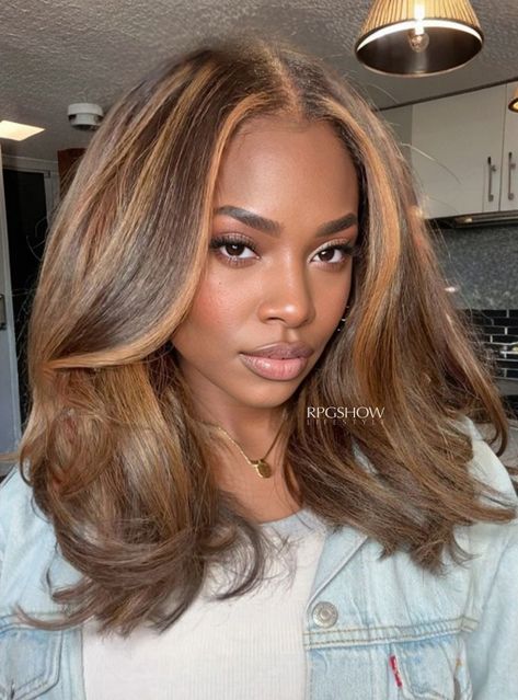 Chocolate Blonde Hair Balayage, Light Brown Hair For Black Women, Low Lights On Black Women, Color Black Women Hair, Black Hair With Highlights Sew In, Highlights Relaxed Hair, Natural Lace Front Wigs Black Women, Auburn Highlights For Black Hair, Black Natural Hair With Brown Highlights