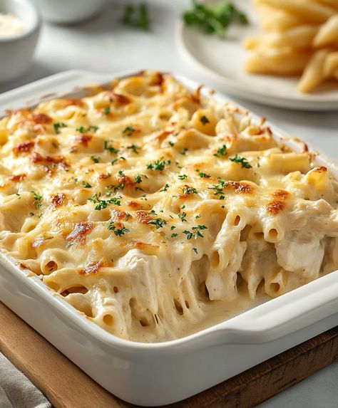 Chicken Alfredo Casserole Recipe - Fettucini Alfredo Casserole Recipe, Shrimp Alfredo Casserole, Chicken Alfredo Bake With Jar Sauce, Alfredo Baked Pasta, Baked Potato Bar Toppings, Potato Bar Toppings, Fettucini Alfredo Recipe, Pasta Receipes, Alfredo Pasta Bake