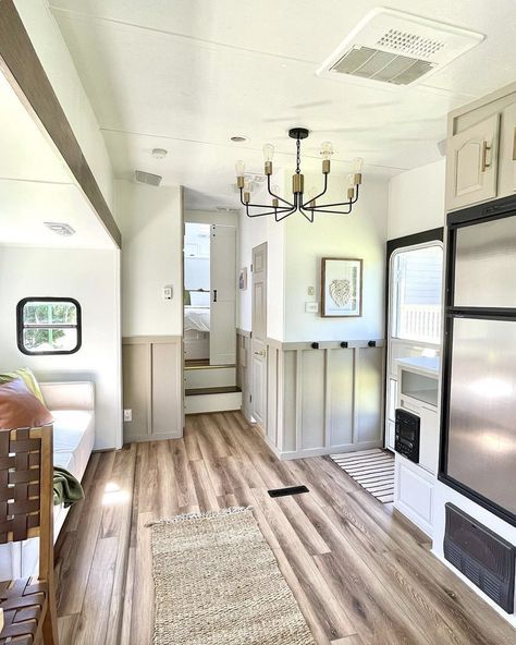 Renovated Forest River Fifth Wheel by @southsidecamper Minimal Camper Interior, 2003 Keystone Montana Remodel, Fifth Wheel Renovation, Colorful Rv Remodel, Fifth Wheel Bedroom Remodel, Renovated Fifth Wheel, 5th Wheel Remodel, 5th Wheel Camper Remodel, Fifth Wheel Remodel