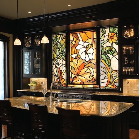 A stained glass kitchen is a vibrant and artistic space where functionality meets timeless beauty. The cabinets and windows are adorned with intricate stained glass panels that catch the light, casting colorful reflections throughout the room. Each piece of stained glass is carefully crafted, featuring patterns inspired by nature, geometric designs, or abstract art, creating a unique and personalized aesthetic. The interplay of light through the glass transforms the kitchen into a dynamic env... Stain Glass Windows In Homes, Stained Glass Kitchen Window, Stained Glass Kitchen, Stained Glass Cabinet, Steakhouse Design, Stained Glass Cabinets, Glass Cabinet Door, Kitchen Mood Board, Dark Kitchen