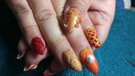 Thanksgiving Food Nail Art, Pie Nails Art, Thanksgiving Food Nails, Pumpkin Pie Nail Art, Apple Pie Nails, Pumpkin Pie Nails, Apple Nail Art, Turkey Nail Art, Pie Nails