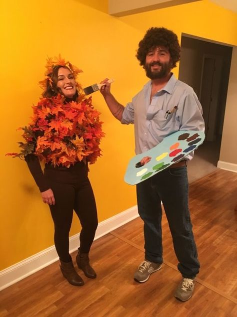 Bob Ross guys DIY Halloween costume idea Trunk Or Treat Couples Costumes, Costumes For Guys With Beards, Bob Ross Halloween Costume, Clever Couple Costumes, Halloween Costume Ideas For Men, Bob Ross Costume, Costumes For Guys, Beard Halloween Costumes, Guys With Beards