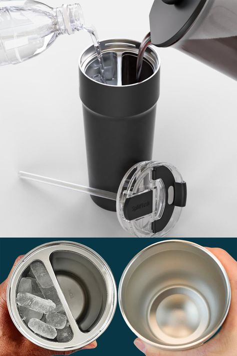 A vacuum-insulated, stainless steel travel tumbler with dual chambers so you can carry hot and cold drink with you at the same time. 🧊☕️ Thermos Bottle, Travel Tumbler, Cold Drink, Bottle Design, Ceramic Cups, Pyrex, Cold Drinks, Water Bottle, Tumbler