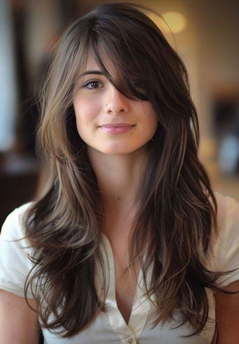 Layered Hair With Bangs Side Part, Oval Face Hair Cuts Women, Hair Cuts Ideas For Oval Shape Face, Long Layers Side Bangs, Oval Shape Haircut For Women, Hair Shaping, Haircut Ideas Trendy, Haley Bennett, Layered Hair With Bangs