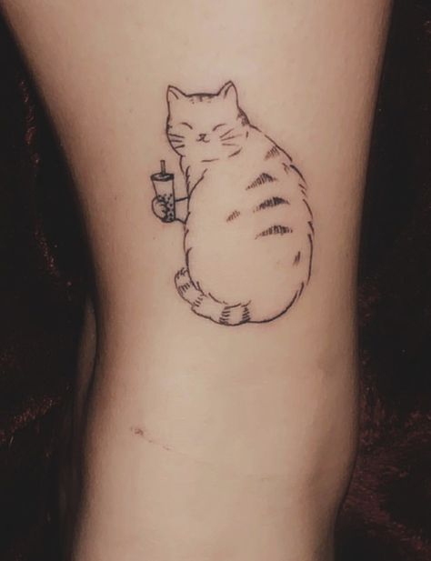 Matching Boba Tattoos, Cat Coffee Tattoo, Boba Tea Tattoo, Cat And Coffee Tattoo, Cat With Coffee Tattoo, Bubble Tea Tattoo, Boba Tattoo, Cat Drinking Coffee Tattoo, Cat Book Tea Tattoo