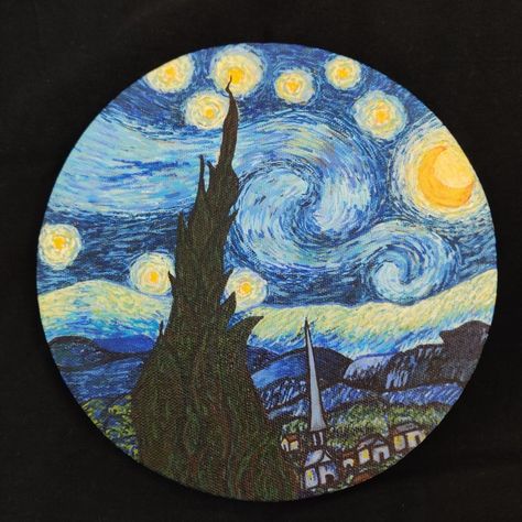 #painting#art#acrylic#starry#night#vangogh#vincent Painting On Circle Canvas Easy, Small Circle Canvas Paintings, Circle Canvas Painting Acrylics, Easy Painting Ideas On Circle Canvas, Circle Canvas Painting Easy Diy, Circle Canvas Painting Ideas, Circle Painting Ideas Easy, Round Canvas Painting Ideas, Round Canvas Painting Ideas Easy