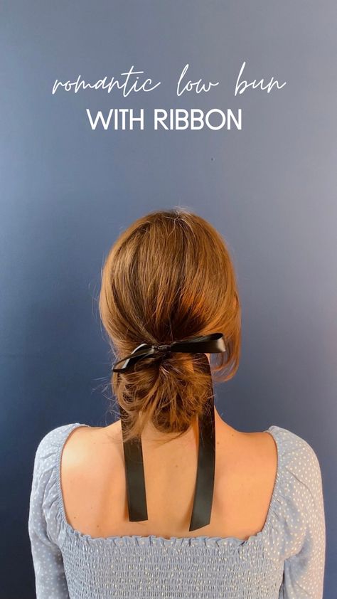 Brunette with hair in low bun with black ribbon bow Low Bun Ribbon, Hair Bun With Ribbon, Bridesmaid Hair With Ribbon, Low Bun With Ribbon, Ribbon Bun Hairstyle, Low Bun With Bow, Bun With Ribbon, Romantic Low Bun, Bun With Bow