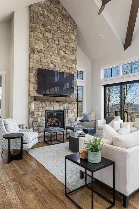 92 Stone Fireplaces For Ultimate Coziness - DigsDigs Stone On Fireplace Wall, Stone Fireplace With Cathedral Ceiling, Living Room Stone Fireplace Ideas, Great Room Stone Fireplace, Great Room With Stone Fireplace, Living Room Designs With Stone Fireplace, Tall Rock Fireplace Wall High Ceilings, Tall Fireplace Wall High Ceilings Stone, Tv Mounted On Stone Fireplace