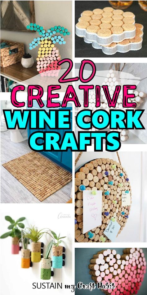 From decorative wall art, signs, jewelry organizers, hot pads and more, these easy and creative wine cork crafts will get you inspired! All include easy step-by-step tutorials on how to make the project ideas. #sustainmycrafthabit Wine Cork Centerpiece, Wine Cork Frame, Wine Cork Diy Projects, Wine Cork Coasters, Wine Cork Board, Aesthetic Craft, Cork Diy Projects, Wine Cork Christmas Tree, Cork Crafts Christmas