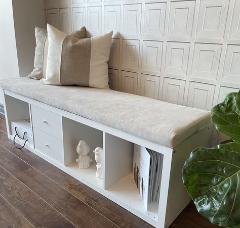 Custom Storage Bench, Ikea Hallway Bench, Cushion Bench Seat, Kallax Seating, Hallway Seating Ideas, Kallax Bench Hack, Kallax Window Seat, Ikea Kallax Bench, Kallax Bench