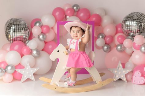 Rodeo Smash Cake Girl, Disco Cowgirl Cake Smash, Disco Cowgirl First Birthday Photoshoot, Disco Cowgirl First Birthday Cake, Disco Cowgirl Birthday Photoshoot, Cowgirl Smash Cake, Cowgirl Cake Smash Photography, Disco Photoshoot, Pink Smash Cakes