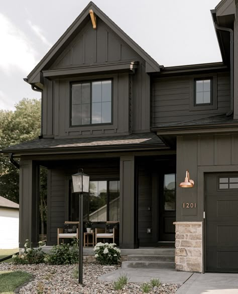 Green House Black Trim, House Black Trim, Tan Siding, Black Birch Homes, Dark Homes, Outside House Paint, Lake Houses Exterior, Cabin Exterior, Exterior Renovation