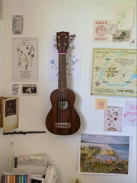 Ukulele on the wall decor Ukulele Room Decor, Ukulele On Wall Decor, Ukulele Hanging On Wall, Ukulele On Wall, Painted Ukulele Aesthetic, Painting Ukulele, Fall Decor Painting, Ukulele Decoration, Aesthetic Ukulele