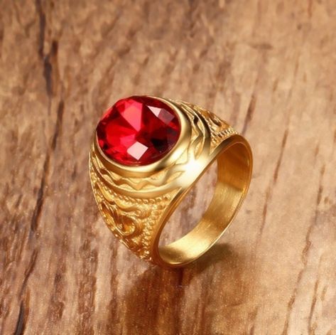 Elegant Round Bishop Mens Rings Floral Design with Red Stone Ring for Men Gold Tone Retro Jewelry Accessories | Wish Ring For Men Gold, Stone Ring For Men, Gold Rings For Men, Stone Rings For Men, Stone Ring Design, Mens Ring Designs, Red Stone Ring, Mens Rings, Diamond Accent Ring